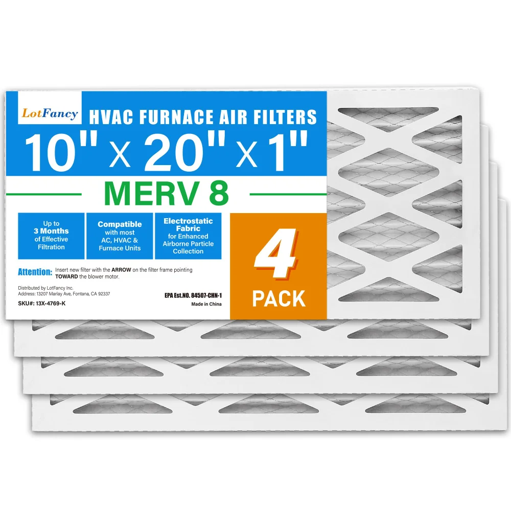 LotFancy Air Filter, 10x20x1 in, MERV 8, 4-pack, Silver