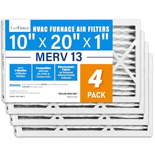 LotFancy Air Filter, 10x20x1 in, MERV 13, 4-pack