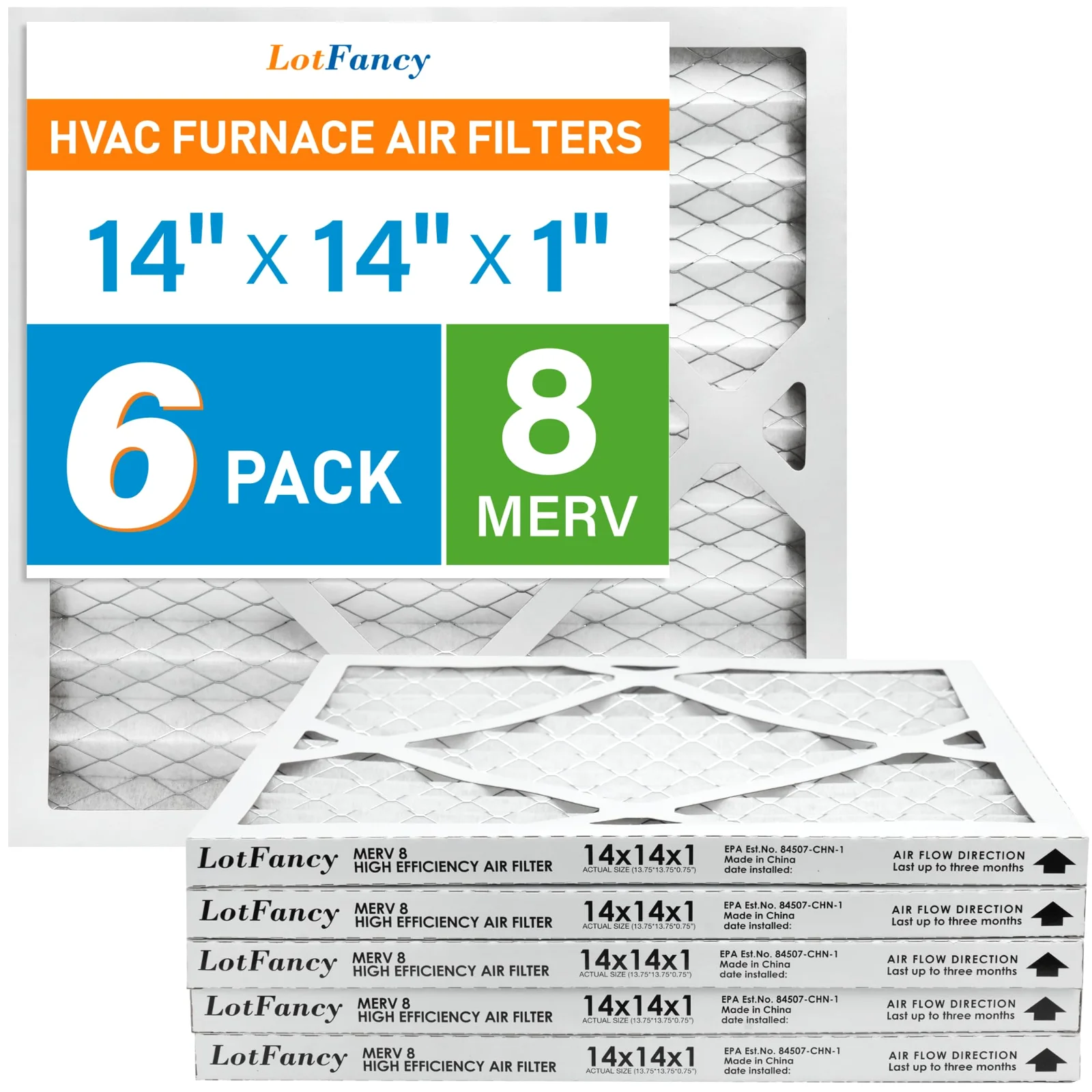 LotFancy furnace filters, 14x14x1 MERV 8, pack of six
