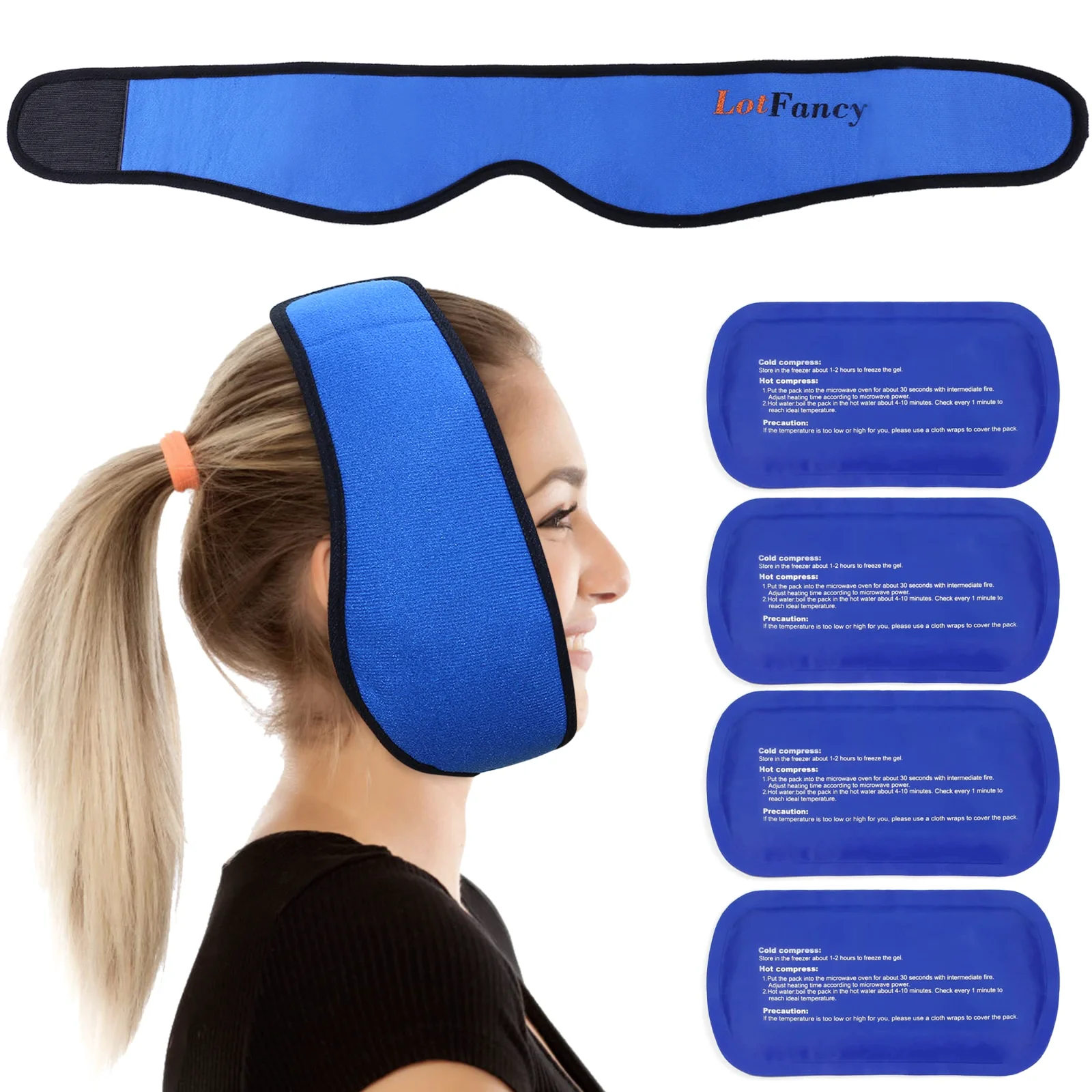 LotFancy Face Ice Pack Wrap with 4 Gel Packs, Blue