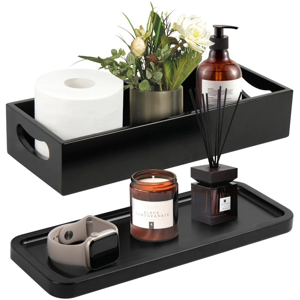 LotFancy Bathroom Decor Box and Vanity Tray, 2-pack, Black
