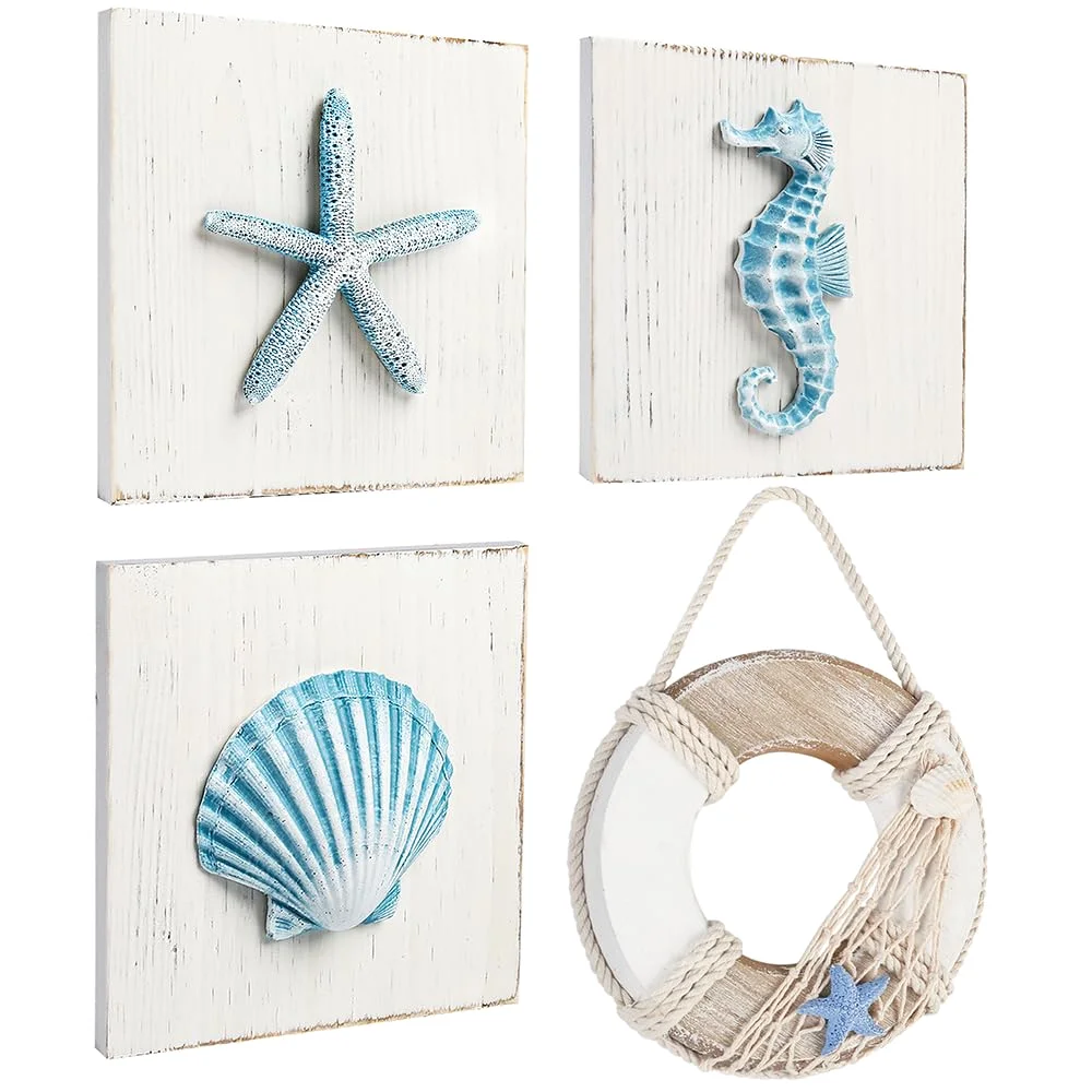 LotFancy Beach Wall Décor, 6x6 in, 4-pack, Blue