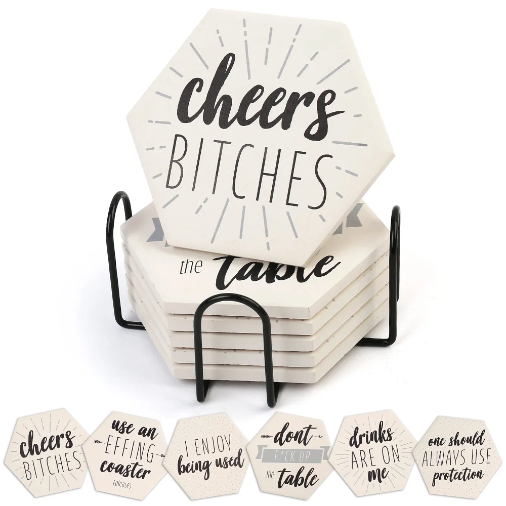 LotFancy Funny Drink Coasters, 6-pack, White